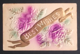 Best Wishes Gold Banner Flower Roses Embossed Airbrushed Antique Postcard c1900s - $7.99