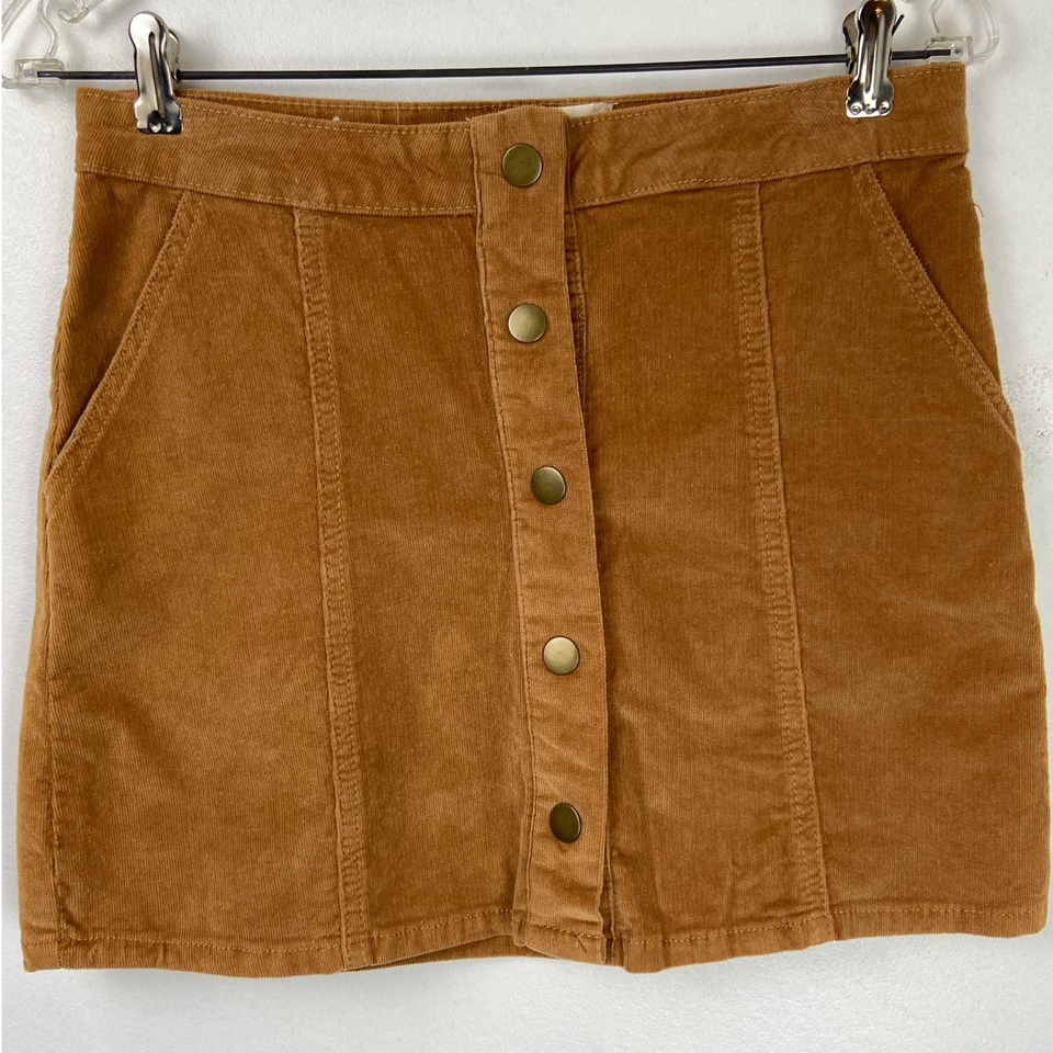 Primary image for Altar'd State Corduroy Snap Front Mini Skirt Camel Pockets Stretch Women XS