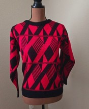  Vintage 80s Red And Black Geometric Sweater Size Medium Retro Bold  Diamond - $29.02