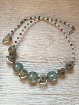 Estate Unique Gray Carved Swirl White Blue Wavy Fused Glass Bead Necklace w Lagu - £18.50 GBP