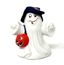 Vintage Small Grinning Ceramic Ghost Holding a Jack O Lantern Pumpkin - £6.23 GBP