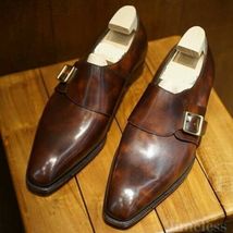 Handmade men burnished brown shoes, monk strap shoes men, leather formal shoes - £100.98 GBP
