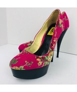 FRH Pink Floral Pattern Platform Pumps Jacquard Size 8 Stiletto Heels Shoes - £31.33 GBP