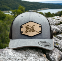 Wood Leather Patch Trucker Hat Cap Great White Shark With Back Mesh Custom - £18.54 GBP