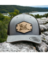 Wood Leather Patch Trucker Hat Cap Great White Shark With Back Mesh Custom - £23.69 GBP
