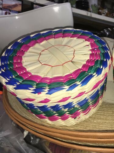 Tortillero De Palma Tortilla Bread Warmer Woven Palm W/Colorful Threadin... - $14.85