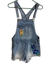 No Boundaries Bibs Shortalls Girls Large  Blue Denim Floral Embroidered ... - £9.44 GBP