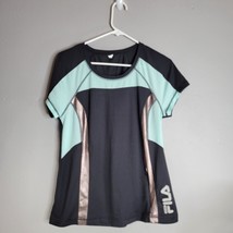 Fila Performance Womens Athletic Shirt Large Short Sleeve Green Black Mesh Back - $12.99