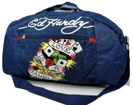 Ed Hardy Denim Overnight Duffle Bag Blue Tote “Love Is A Gamble&quot; Lined - £22.74 GBP