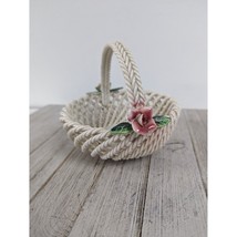 Vintage Woven Basket #1 Weave Ceramic Trinket Dish Handle Roses Spain White Pink - £15.43 GBP