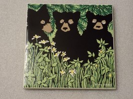 Black Bears Cubs Kristin Designs Ceramic Porcelain Art Tile Wall Decor - £17.42 GBP