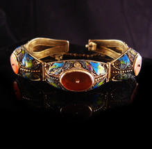 Antique Chinese enamel Bracelet With camphor glass inserts peacock colored ename - £293.67 GBP