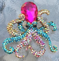 Iridescent Rhinestone &amp; Crystal Goldtone Octopus Brooch / Pendant - £7.86 GBP