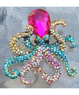 Iridescent Rhinestone &amp; Crystal Goldtone Octopus Brooch / Pendant - £7.82 GBP