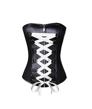 Black Faux Leather White Satin Lace Goth Steampunk Corset Waist Trainer Overbust - £50.35 GBP