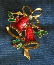 Festive Enamel Crystal Rhinestone Gold-tone Christmas Bells Pin 1970s vi... - $12.95