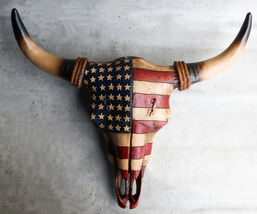 Rustic Western Patriotic USA American Flag Steer Bison Bull Cow Skull Wa... - €46,67 EUR