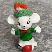 Vintage Christmas Mouse Hand Painted Figurine Mid Century Decor Knit Hat FLAW - $7.91