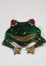 Vintage Enamel Frog Brooch Green &amp; Gold Color with Red Eyes  - £33.47 GBP