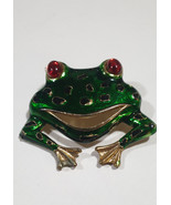 Vintage Enamel Frog Brooch Green &amp; Gold Color with Red Eyes  - £33.05 GBP