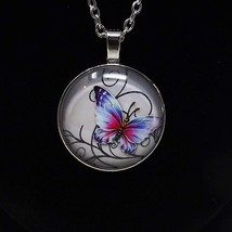 Butterfly Mystical Cabochon Silver Plated Glass Chain Pendant Necklace - £14.01 GBP