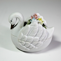 Vintage Swan Trinket Box Miniature Porcelain with Pink Yellow and Blue F... - $9.79