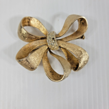 Brooch Coro Gold Ribbon Bow With Rhinestone Setting  Gold Tone Vintage - £8.19 GBP