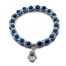 Evil Eye Hamsa Hand Bracelet 8mm Resin Bead Blue Stretch Luck Protection Nazar - £6.34 GBP