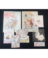 Set of 8 Vintage 40s illustrated Birth/Baby card art (Set C) - $15.00