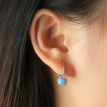Round Blue Created Opal Halo Hoop Earring Women Wedding Dangle Drop 14K White GP - £74.40 GBP
