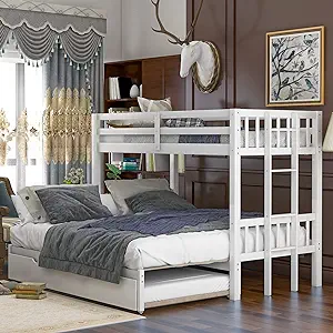 Twin Over Twin/King With Trundle For 4, Wood Pull-Out Bed Frame With Safety Rail - £638.24 GBP