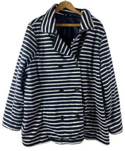 Lands End 2X Jacket Coat Fleece Nautical Blue White Stripe Double Breasted Women - £72.82 GBP