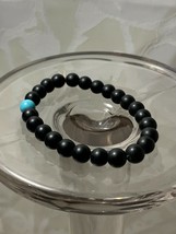 Stone Bead Bracelet Black and Aqua Beads Stretchy - £7.77 GBP