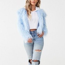 Forever 21 Womens Sky Blue Shaggy Fringe Cropped Jacket Size Small - £23.52 GBP