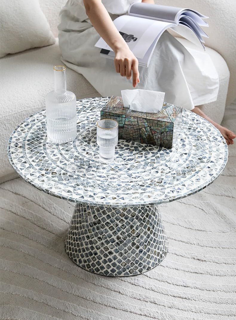 Vintage Gray Mosaic Round Coffee Table, Designer Accent Table for Living Room So Item image 6