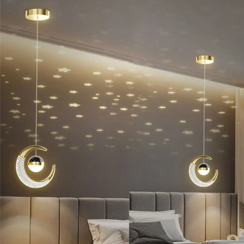 Nordic Luxury Gold Moon Star LED Pendant Lights For Children&#39;s Room Bedroom - $53.86+