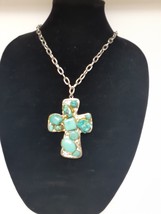 Faux Chunk Turquoise Silvertone Cross Pendant Necklace Large w Chain 4&quot;x2.5&quot; - £46.35 GBP