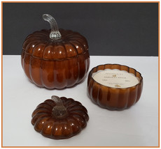 NEW RARE Set of 2 Pottery Barn Harvest Spice Amber Pumpkin Lidded Glass Candles - £111.93 GBP