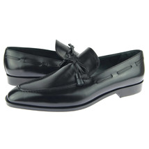 Customize Long Tasseles Loafer Black Premium Leather Men Handmade Slip On Shoes - £119.35 GBP