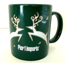 Pier 1 Christmas Mug Green Ceramic with White &amp; Gold Reindeer 3.75&quot;H EUC - $8.99