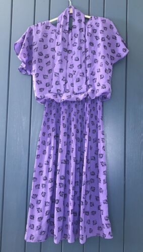 Primary image for Vintage JB Too Purple Feather Print Accordion Pleat Dress & Ascot Fits Small