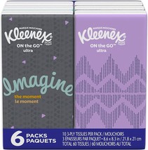 1 set of 6 pack 10ct 3-ply Facial Tissues Kleenex ON the GO Ultra Soft 6... - £7.87 GBP