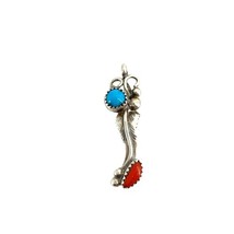 Sterling Silver Vintage Native American Coral and Turquoise Feather Pendant - $37.62