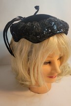 1950&#39;s Black Felt Clip on Hat with Sequins and Feathers - $29.00
