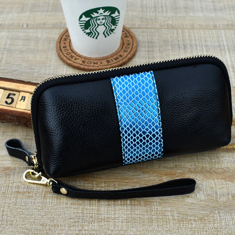 Ladies Genuine Leather Clutch Purses Panelled Long Women Wallet Zipper Wrist Bag - £19.10 GBP