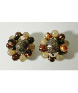 Vtg MARKED Hong Kong Beaded Cluster Clip on Earrings Chocolate &amp; Caramel... - £7.91 GBP