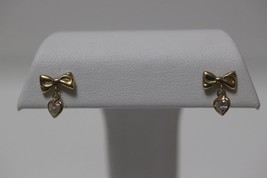14K Yellow Gold Small Bow Clear Cubic Zirconia Heart Mini Dangling Baby Earrings - £37.41 GBP
