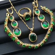 Elegant Gold Jewelry Set Green Oval CZ Necklace Earrings Bracelet Ring - $43.49+