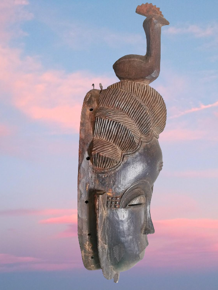 Antique African Tribal Art Ceremonial Yaure People Mask with Rooster Ivo... - $111.84
