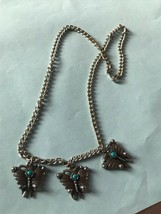 Old Pawn Silvertone Chain w Three Silver Marked Butterfly w Bright Blue Turquois - £44.94 GBP